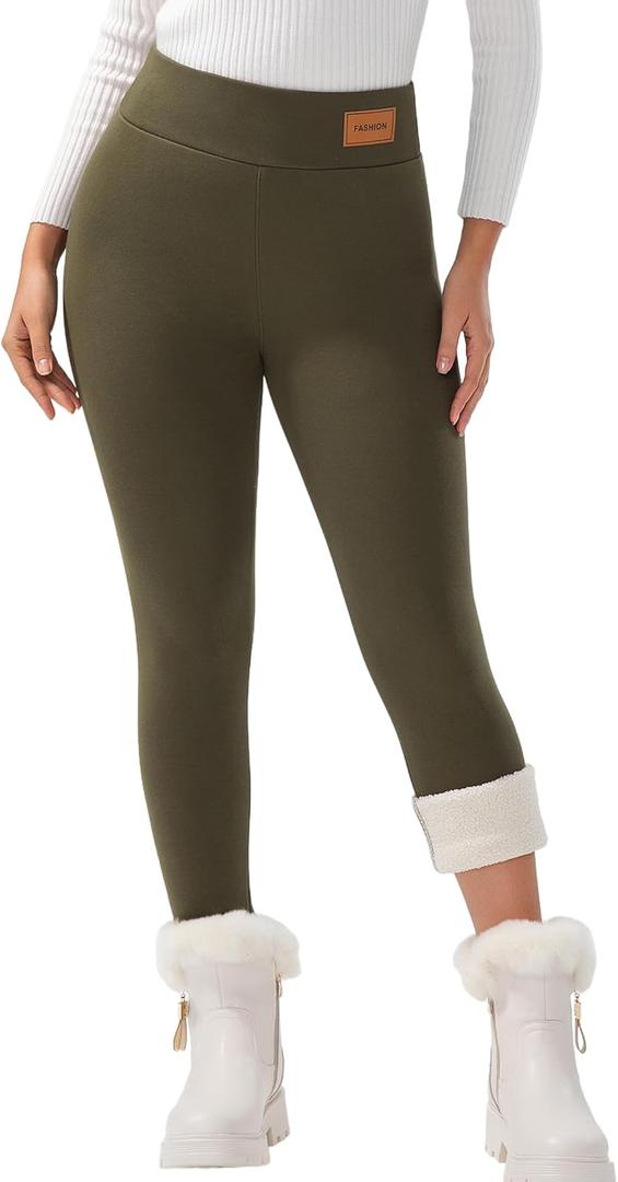 JK SUE JONES Women Winter Warm Thick Leggings Fleece Lined Stretchy Soft Thermal Sherpa Pants High Waist Tights (Medium, Army Green)