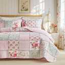 Joyreap Floral Cotton Quilt Set, Pink Aqua Flowers Grid Patchwork Design for Spring, 2 Pieces Twin Size Quilt Bedding Set, Soft n Cozy Bedspread Bed Cover for All Season- 68x88 inches