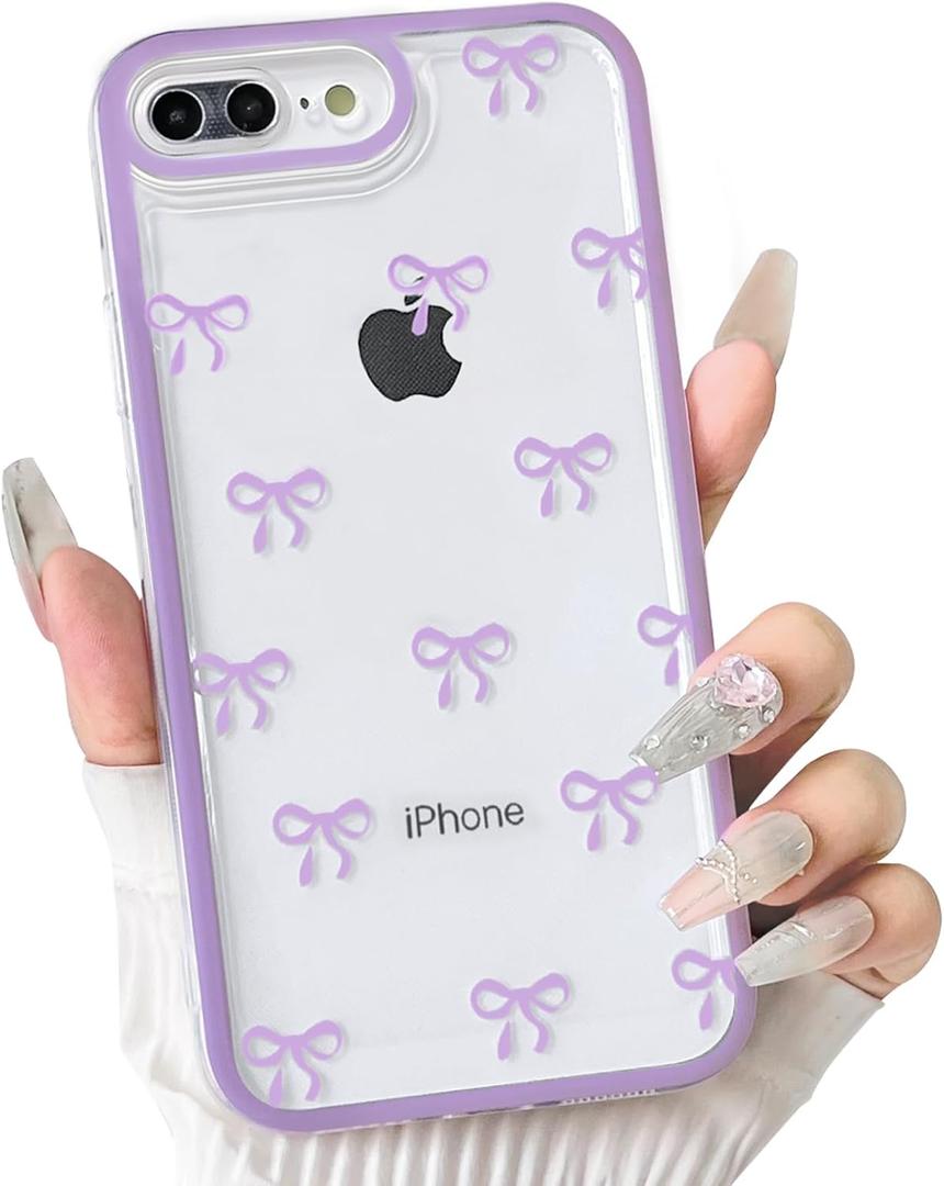 NITITOP Compatible with iPhone 7 Plus / 8 Plus Case Cute Clear Ribbon Bowknot Pattern for Girls Women Soft TPU Transparent Full Camera Lens Shockproof Protective Phone Cover - Purple