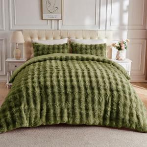 Lotus Karen Fuzzy Fluffy King Size Comforter Comforter Set - Rabbit Fluff Faux Fur Duvet Cover King Dark Green Plush Fuzzy Furry Bedding Sets 3Pieces(1 Duvet Cover & 2 Pillow Shams) Zipper