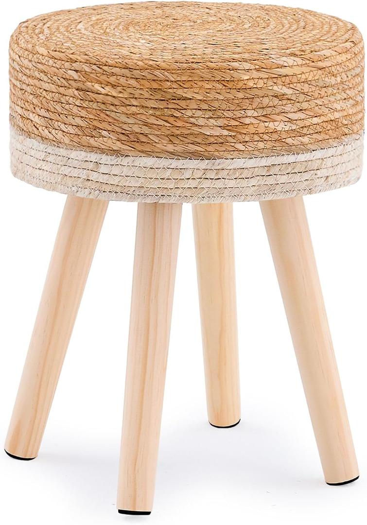 Handwoven Outdoor Ottoman, Water Hyacinth Pouf Round Patio Footstool with Wood Legs, 17-Inch Multipurpose Vanity Stool, Dining Chair, Patio Footrest for Balcony and Garden, White (13"D x 13"W x 16.9"H)