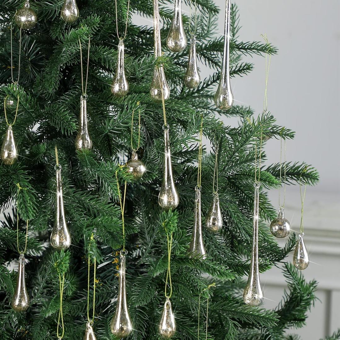 24 Pcs Mercury Glass Teardrop Ornaments for Christmas Tree Raindrop Christmas Ornaments Clear Hanging Decoration Vintage Crystal Chandeliers Winter Party Decor(Vintage Sliver)