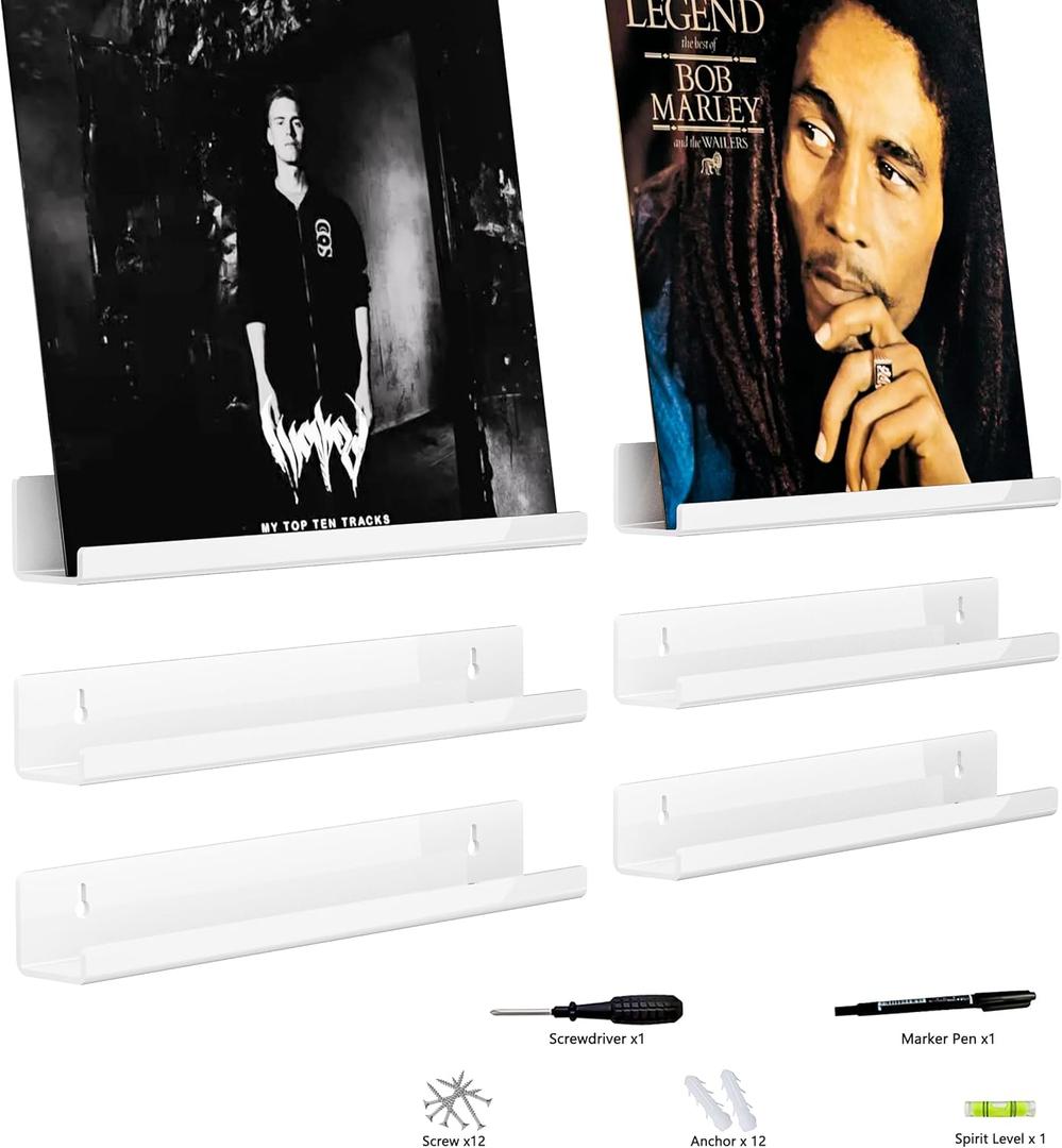 12 Inch White Acrylic Vinyl Record Wall Holder, Vinyl Record Wall Storage, Record Wall Display, 6 Pack