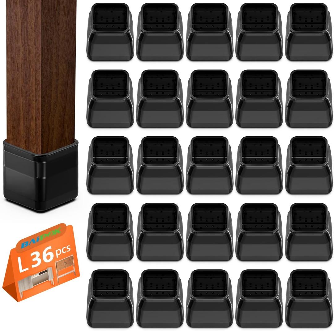 BAIPOK 36Pcs Square Chair Leg Floor Protectors, Silicone Chair Leg Protectors for Hardwood Floors, Felt Furniture Leg Cover Pad for Protecting Floors from Scratches and Noise, Black, Easy to Install (Square L (1.25'' -1.60''))