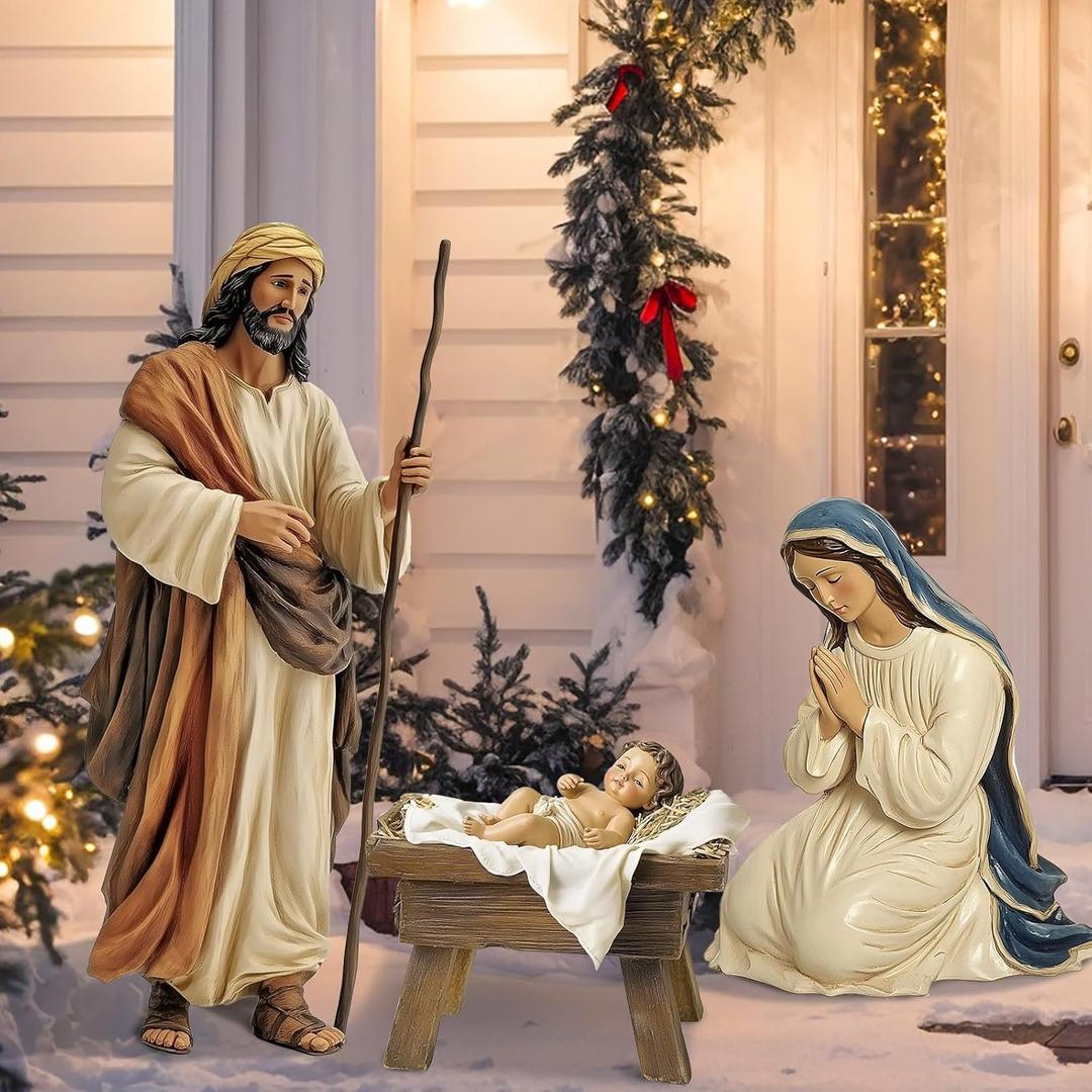 3 Pcs Metal Christmas Outdoor Nativity Scene Set Large Holy Family Outdoor Decorations with Sturdy Stakes Jesus Joseph Mary Yard Signs for Xmas Holiday Lawn Home Garden Decor(Retro) (48.9''H)
