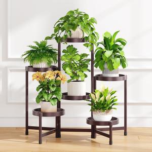 iDavosic.ly 6 Tier Folding Plant Stand Indoor Outdoor with Plastic Tray, Tiered Corner Flower Holder Shelf, Metal Orchid Display Rack for Patio Porch Living Room Garden Balcony, Bronze