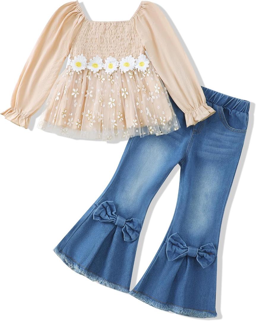 XUANHAO Toddler Girls Clothes Puff Sleeve Smocked Shirt Flare Jeans Pant Outfits for Girl Bell Bottom Kids Girls Clothing Set