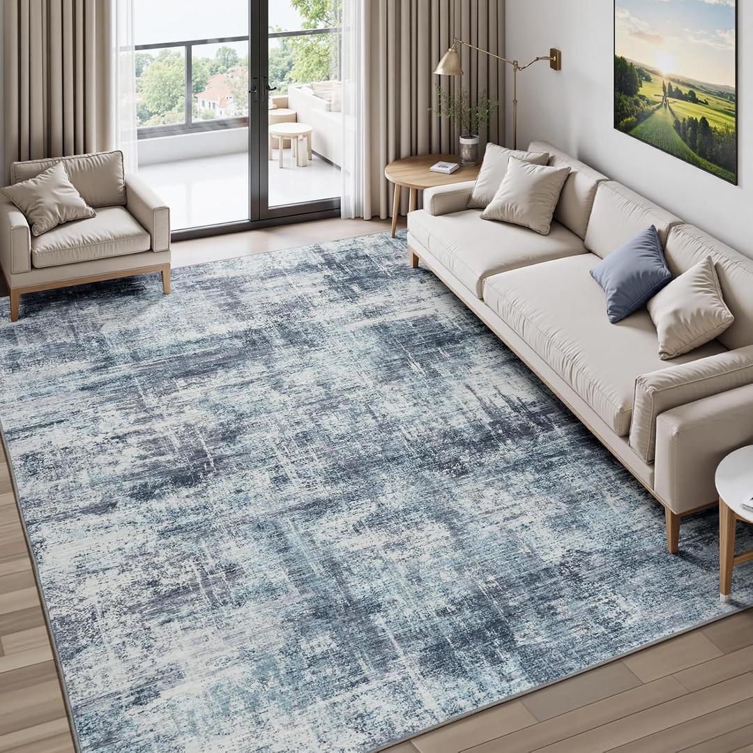 Lofus 6x9 Area Rug for Living Room, Blue Abstract Rugs with Non-Slip Backing, Neutral Modern Washable Carpet for Bedroom Dining Room Home Office Nursery Indoor