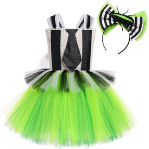 Kids Girl Halloween Costume Black White Striped Ruffle Tulle Tutu Dress with Headband Cosplay Birthday Party Outfit (8-9 Years, Green)