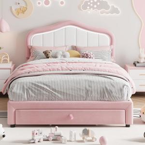 Garvee Versatile Upholstered Twin Platform Bed Frame for Girls, Boys - LED Lights, Storage Drawer, Soft Headboard, Wooden Slats, Noise-Free, No Box Fresh Needed, Princess Style, Pink and White