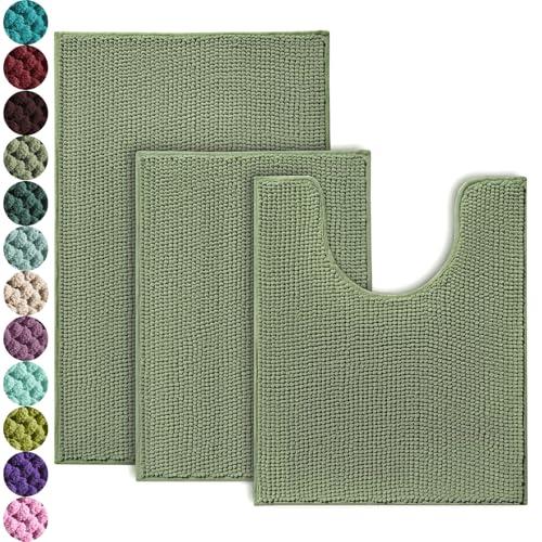 Urvoix Bathroom Rugs Sets 3 Piece, Non-Slip Chenille Bath Rug - Ultra Soft, Washable, Super Absorbent Bath Mat for Bathroom, Toilet and Tub (Sage)