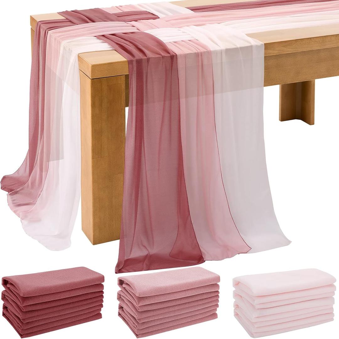 Tudomro 12 Pcs Chiffon Table Runner 10 Ft, 15 x 120 Inch Sheer Wedding Decorations Romantic Table Runner for Sweetheart Table Birthday Wedding Party Bridal Shower (Dusty Rose, Blushing Pink and Pink)