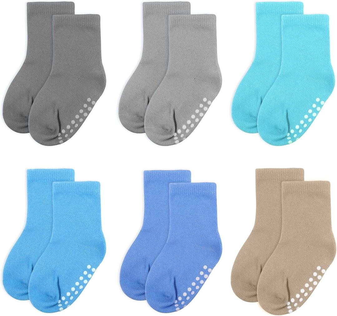 6 pack baby socks, cotton crew children's socks, non-slip grip socks, unisex, for toddlers, boys, girls, 4-7 Years (6 Pairs-gray/Lightgray/Lakeblue/Skyblue/Blue/Khaki)