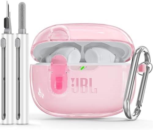 Wowwat for JBL Vibe 200TWS/JBL Vibe Beam Case with Lock,TPU Transparent Protective Case Cover for Men Women with Cleaner Kit and Keychain Compatible with JBL Vibe Beam 2 (2025) Clear Pink