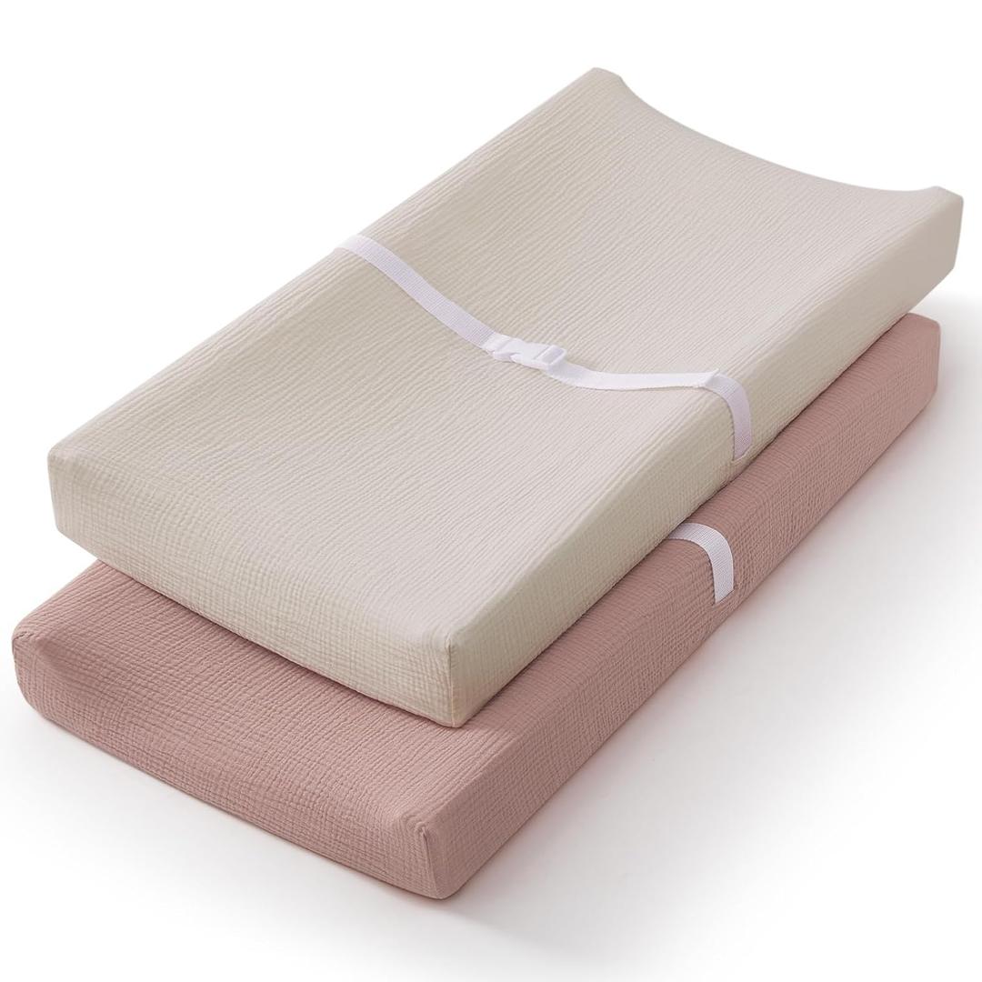 Blissful Diary Muslin Changing Pad Cover for Girls Boys, Ultra Soft Breathable Cotton, Baby Diaper Change Table Pad Covers, 2Pack (Light Pink&Cream)