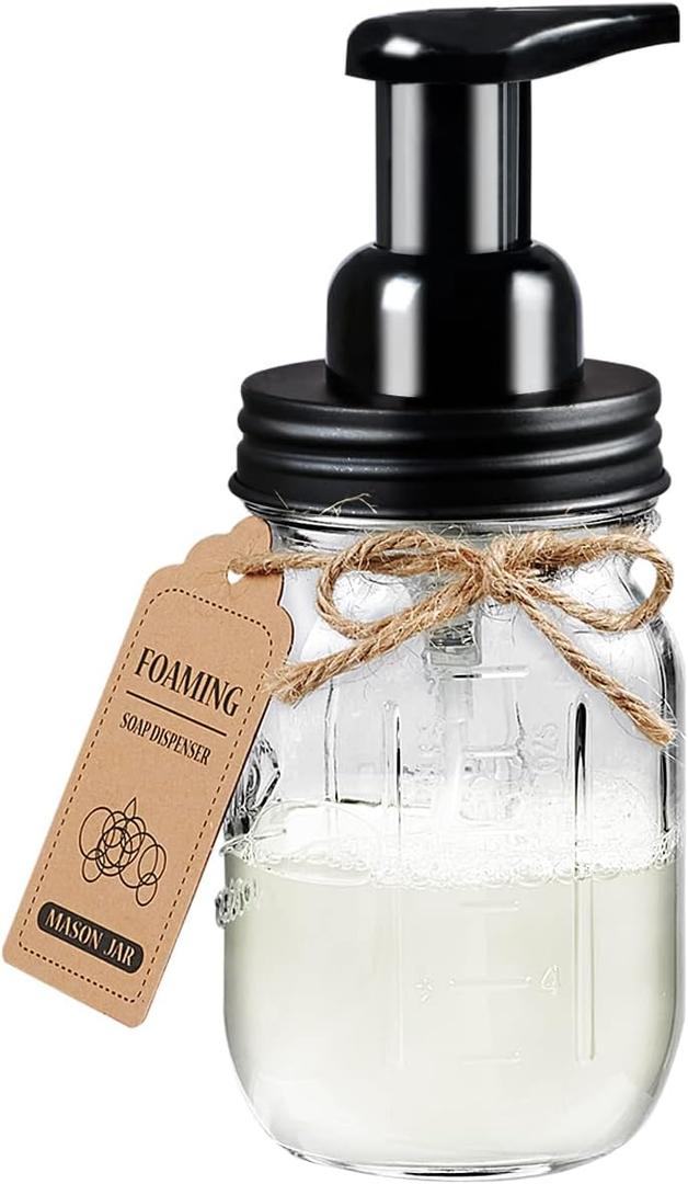Amolliar Mason Jar Foaming Soap Dispenser, Rustproof Stainless Steel Lid,BPA Free Pump, Waterproof Labels, Rustic Farmhouse Decor, Refill Hand Soap Dispenser for Bathroom, Vanity, Kitchen, Countertop (1 Pack, Black)