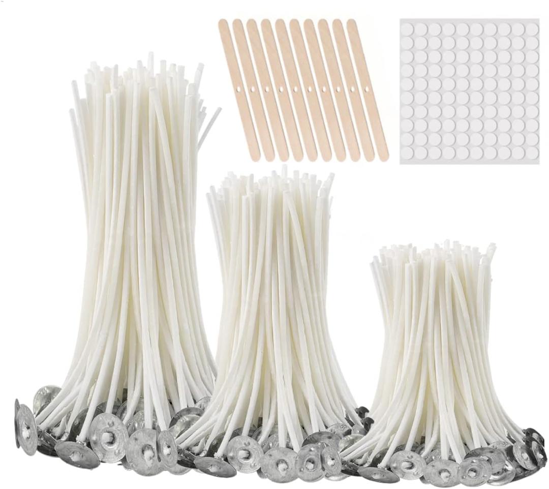 300Pcs Functional Smokeless Candle Wicks - Pre Waxed Cotton Wick with Metal Sustainer Tabs for Pillar Candle Making and DIY, 9cm/3.5in, 15cm/6in, 20cm/8in