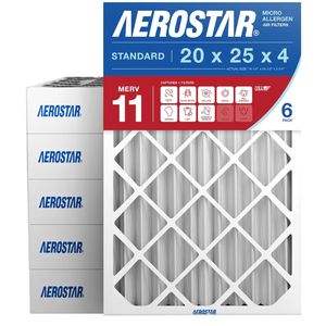 Aerostar 20x25x4 MERV 11 - 6 Count - Pleated HVAC, Furnace & Air Conditioner Filters - Removes Dust, Cold & Flu Germs, Lint, Mold, Pet Dander, Allergy-Causing Pollen, Smog & Smoke