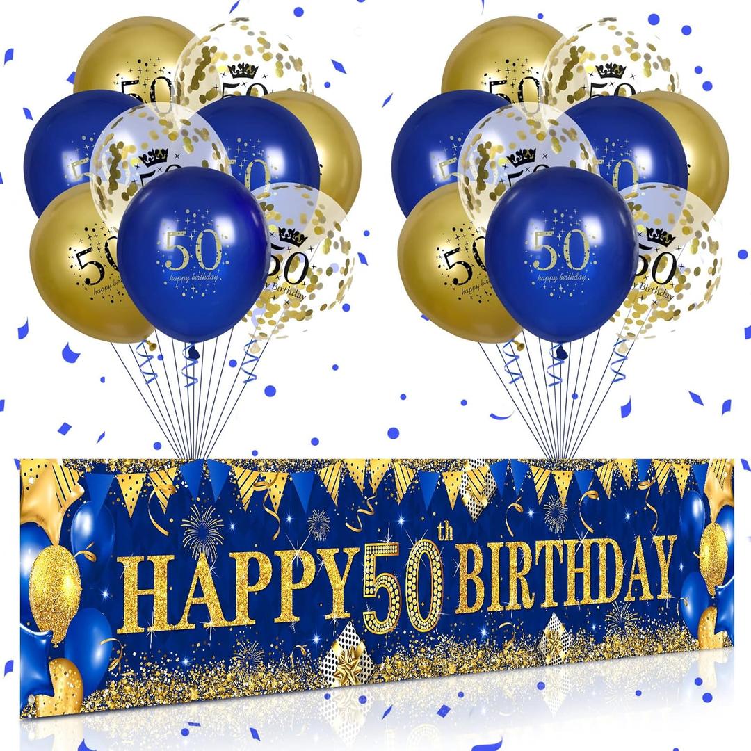 50th Birthday Decorations for Men and Women - Blue and Gold Yard Banner With 18 PCS Balloons for Anniversary Party Supplies - Indoor Outdoor Decor
