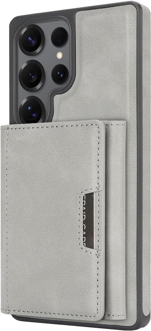 2-in-1 Protective Case for Samsung Galaxy S25 Ultra with Detachable Magnetic Wallet Card Holder Supports Magnetic Wireless Charging Made from Premium PU Leather Bracket Function (Gray)