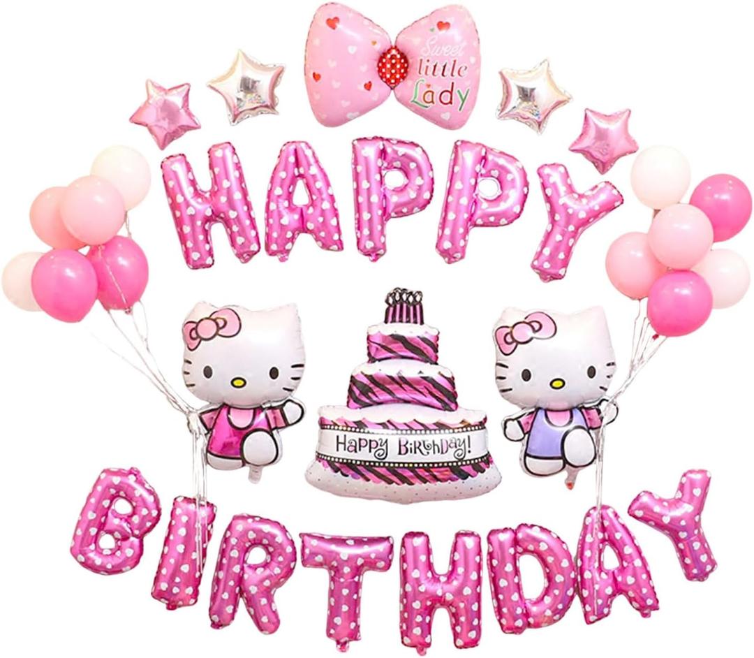 24Pcs Birthday Party Decorations - Pink Aluminum Film Balloons, Cartoon Theme Party Supplies for Girls