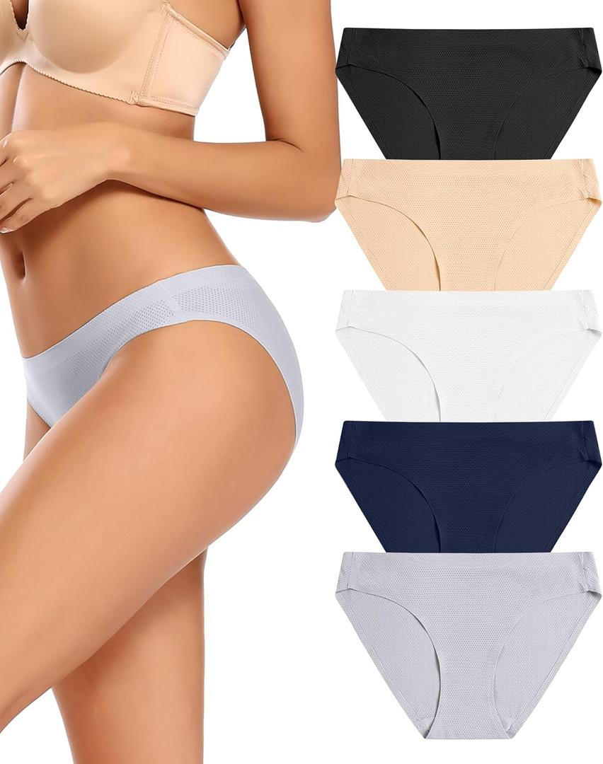 voenxe Women Bikini Underwear,Seamless Breathable Ladies Panties,No Show Comfortable Briefs Undies,Invisible Hipster,5-Pack