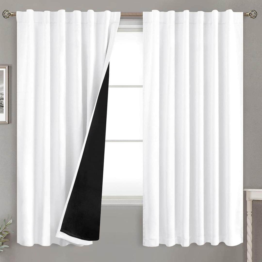 BGment Pure White 100% Blackout Curtains 63 Inches Long with Thermal Insulated Liner, Rod Pocket and Back Tab Double Layer Full Room Darkening Window Curtain for Bedroom, 2 Panels, Each 52 x 63 Inch