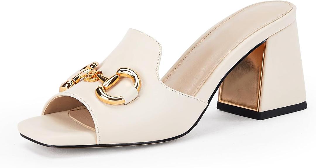 gihubafuil Women's Sandals Peep Toe Slides Chunky Heel Mules Single Band Comfort Slip-on Shoes with Metal Chain for Spring Summer (7.5, Apricot)