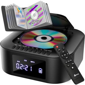 KLIM Boombox E1 with CD case - CD Player Portable Audio System + Extra BASS with Subwoofer + FM Radio, MP3 Bluetooth AUX USB + Wired and Wireless Mode Rechargeable Battery + Remote Control (Black)