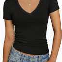 YOGINGO Basic Womens V Neck Short Sleeve T Shirt Slim Fit Tees 2026 Summer Y2k Going Out Fitted Tops Sexy Tight Shirts, Size 2 XL