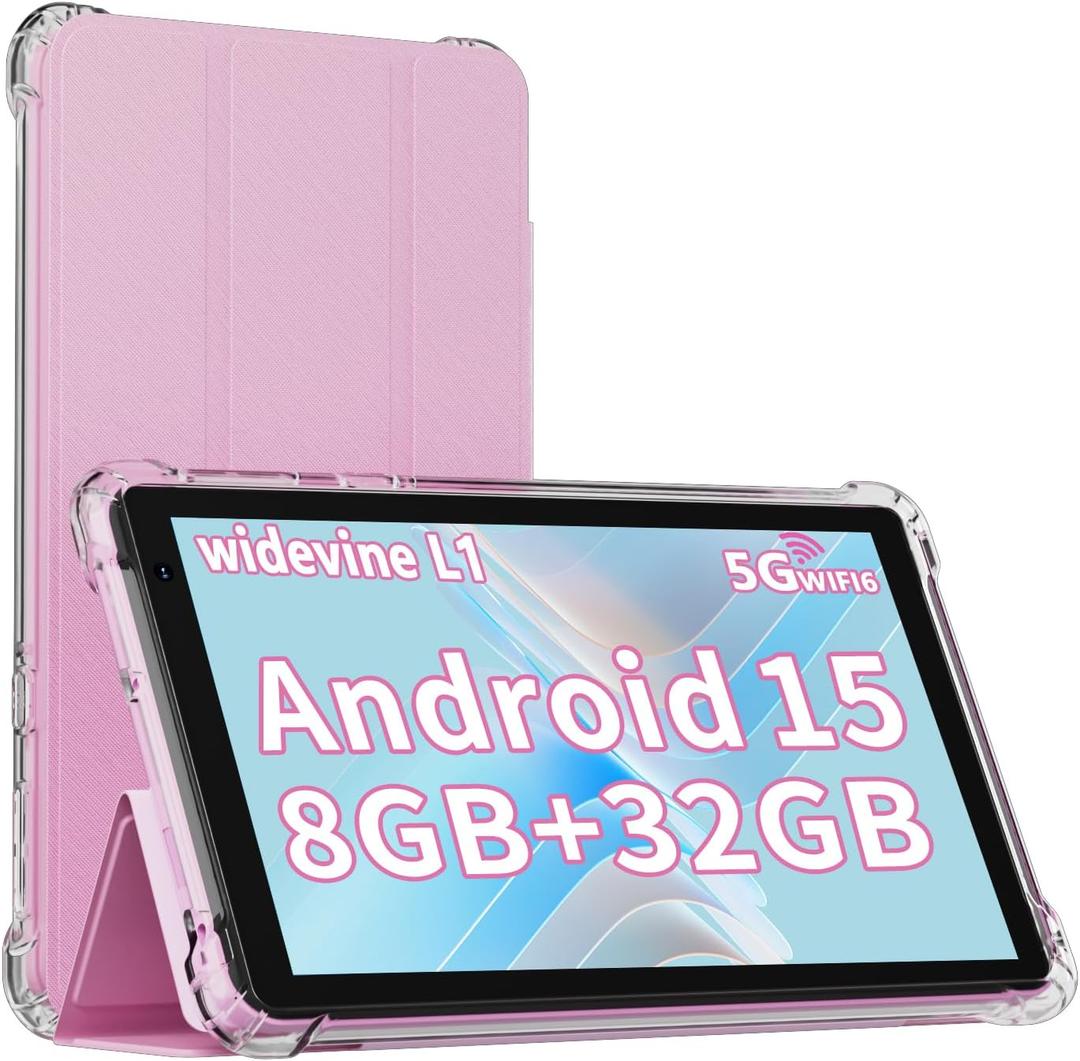 Android 15 Tablet with Case, 7 Inch 8GB RAM+32GB ROM/ 1TB Expandable Computer, 5MP Camera Tablets, 1.6Ghz Quad-core Processor, 3000mAH Battery Tablet PC, 5G WiFi, Games 7'' Android Laptop Pink
