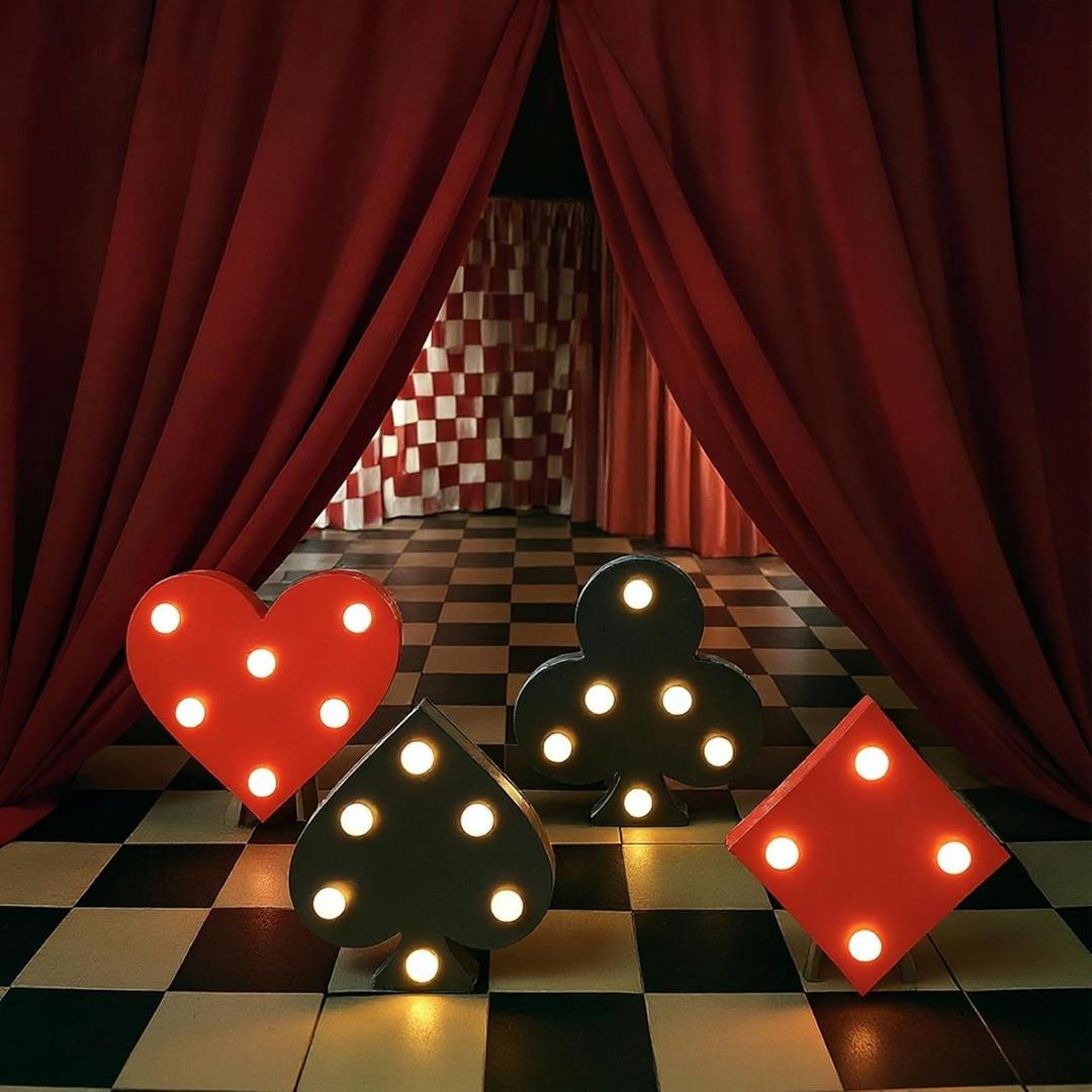 Glooglitter 4 Pcs Casino Theme Party Decorations Wooden Casino Light up Sign Battery Powered Poker Lighted Sign LED Lights for Night Party Tabletop Decor Supplies(Poker)