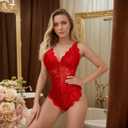 dream love Women Snap Crotch Lingerie Sexy Lace Bodysuit Deep V Teddy Sleepwear One Piece Lace Babydoll S-XXL (02-bright Red)