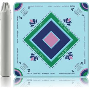 Turquoise Mahjong Mat with Lotus & Butterfly Artwork - 32.4x32.4 Inch Hand-Painted Style Rubber Mat, Zen Decor Waterproof Surface, Anti-Slip Foldable Design for Asian-Themed Game Nights (Blue-green)