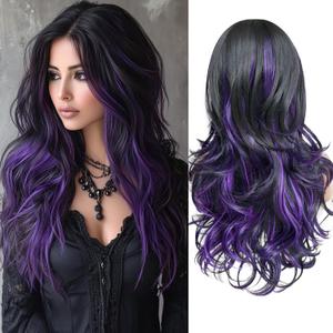 Aisaide Highlight Black Mixed Purple Wig with Bangs Long Wavy Dark Purple Layered on Wig with Curtain Bangs for Black White Women, Synthetic Layered Long Wavy Shaggy for Women 24inch