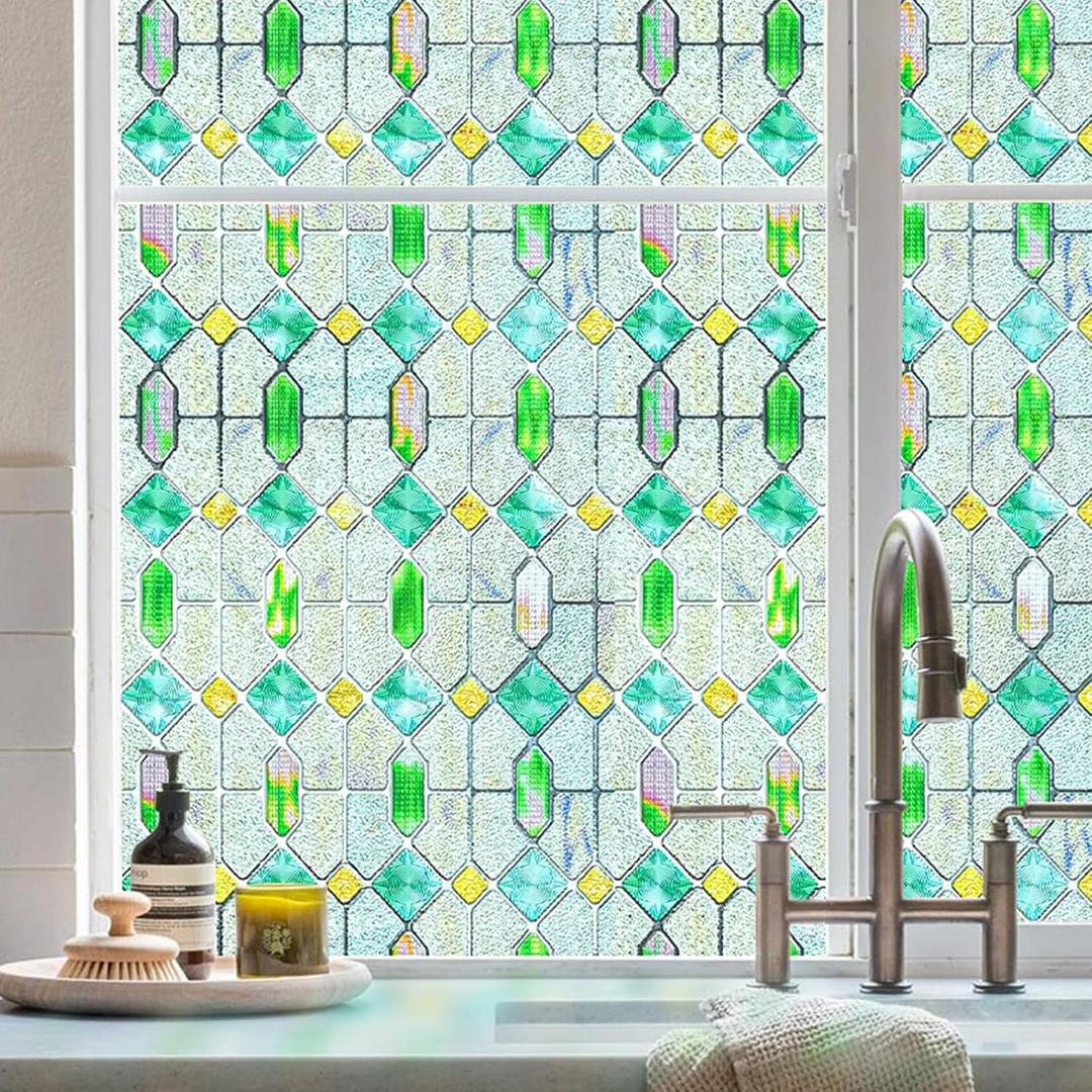 3D Stained Glass Window Film, Decorative Window Privacy Film for Bathroom,Front Door,Home, Sun Blocking Heat Control,Static Cling,Glass Haven 23.6inch x 35.4inch