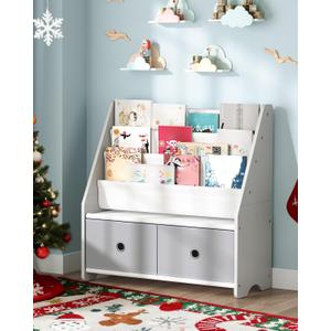 Kids Bookshelf and Toy Storage, 4 Tier Large Capacity Kids Book Rack, Sling Kid Bookcase, for Kids Room, Nursery, Playroom, White and Gray MCW06WT