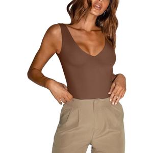 REORIA Butsmooth Womens Trendy Sexy Plunge Deep V Neck Sleeveless V Backless Going Out Tank Bodysuits Tops (Medium, Coffee)