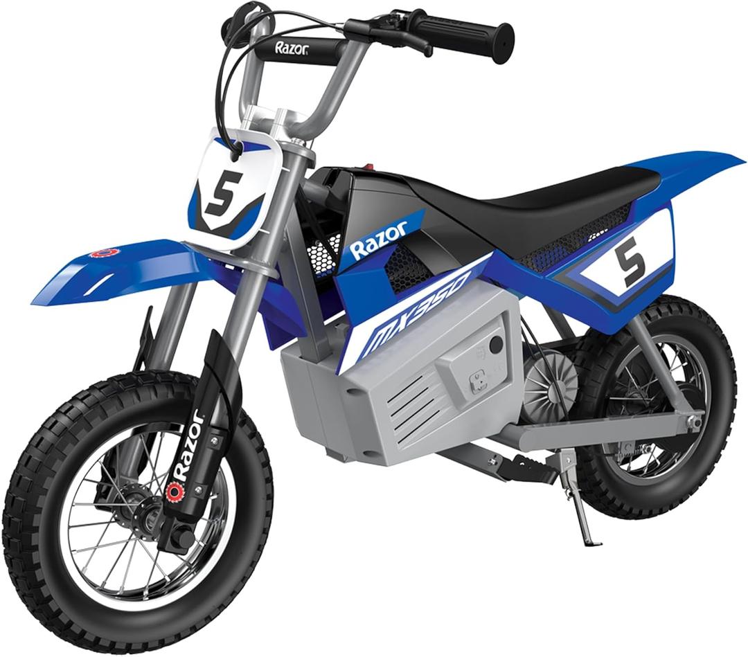 Razor MX350 Dirt Rocket Electric Bike for Kids Ages 8+, 140 lb Max Weight, Blue  24V Battery, Up to 14 Mph, 30-Min Ride Time on High Speed, Twist-Grip Throttle, Spoked Wheels w/ 12 Pneumatic Tires