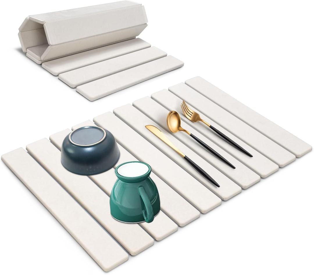 Large Stone Dish Drying Mat for Kitchen Counter, 24"(L) x 16"(W), Collapsible Quick Drying Mat, Absorbent Eco-Friendly Diatomaceous Earth Mats for Dishes Bottles, Match Any Countertop - White