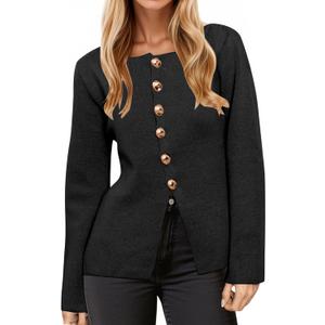 MSBESYOR Button Up Cardigan Sweater for Women Long Sleeve Lightweight Knit Business Blazer Tops (Black, L)