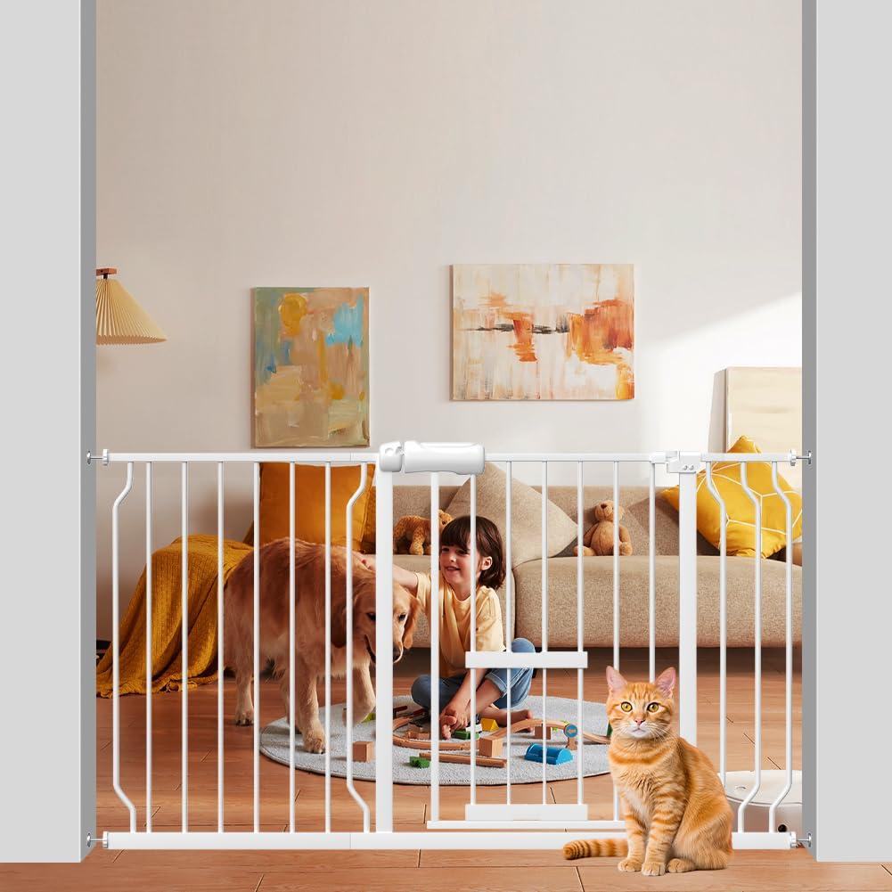 WAOWAO Baby Gate with Cat Door 52.75-62.2" Extra Wide Pressure Mount Metal Dog Gate, Walk Through Swing Auto Close White Safety Child Gate with Pet Door for Kitten Stairs,Doorways,Kitchen,Hallway (52.75-62.2"/134-158cm, White With Door)