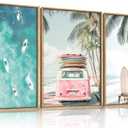 HOURIA Summer Surfboard Beach Framed Canvas Wall Art Set,Modern Ocean Surfing Seascape Wall Decor,Coastal Bus Coconut Tree Wall Painting,Nature Botanical Art Prints for Living Room, Bedroom-24 x36 x3