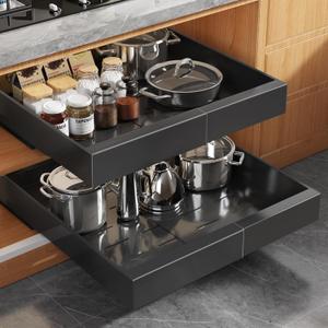 2Pack Expandable Pull Out Cabinet Organizer 21"Deep with Raising Pad for Framed Cabinets, Upgrade 3 Slide Rails Slide Out Drawers, Roll Out Shelves Adhesive,Adjustable Width 12.05"-20.4"Black