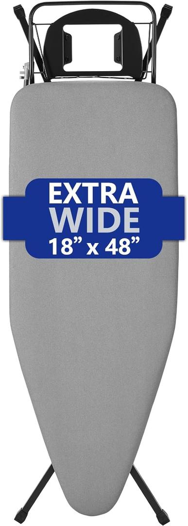 BKTD Extra-Wide Ironing Board 48"18" Large Surface (57" w/Iron Rest) Built-in Clothes Rack, Hanger & Cord Holder Heat-Resistant Cover Heavy-Duty, No Wobble Adjustable Height Black Grey.