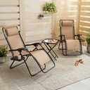 Amazon Basics Outdoor Textilene Adjustable Zero Gravity Folding Reclining Lounge Chair Set with Cup Holder, Side Table, Headrest, Weather-Resistant, 35 x 26 x 43 inches, Beige, 2-Pack, Set of 2