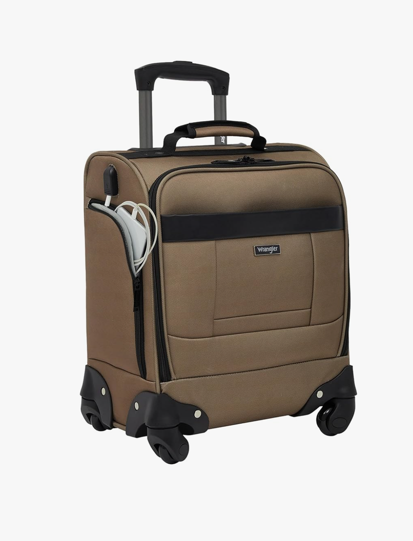 Wrangler 4-Wheel Spinner Luggage with Side USB Port, Mocha, 17-Inch Underseat Carry-On