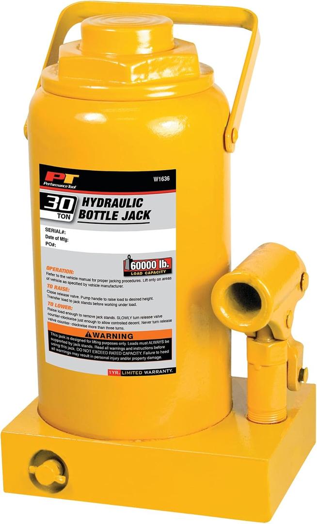 Performance Tool W1636 30 Ton Heavy Duty Hydraulic Bottle Jack
Lift range: 11-1/4 to 18-1/4 inches. Forged steel base for durability. Grooved saddle and folding carry handle