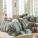 MooMee Bedding Duvet Cover Set 100% Washed Cotton Linen Like Textured Breathable Durable Soft Comfy (Heathered Green, King 104"x90")