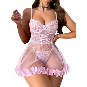 Foxiny Sexy Ruffle Floral Skirt Underwire Mesh Sheer Lace Babydoll Lingerie Dress with Thong 2 Piece, Small